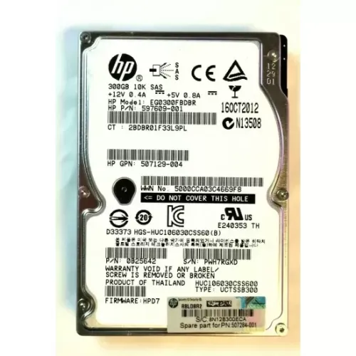 HP 300GB 6Gbps SAS 10K 2.5 Inch SFF Hard Disk 597609-001 507129-004 0B25642 HP 300GB 6Gbps SAS 10K 2.5 Inch SFF Hard Disk 597609-001 507129-004 0B25642